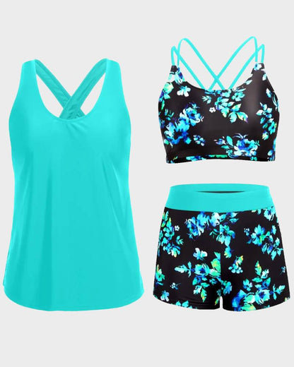Women's 3 Piece Tankini Set with Bra Top & Boy Shorts