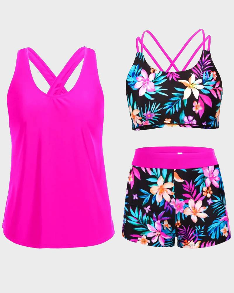 Women's 3 Piece Tankini Set with Bra Top & Boy Shorts