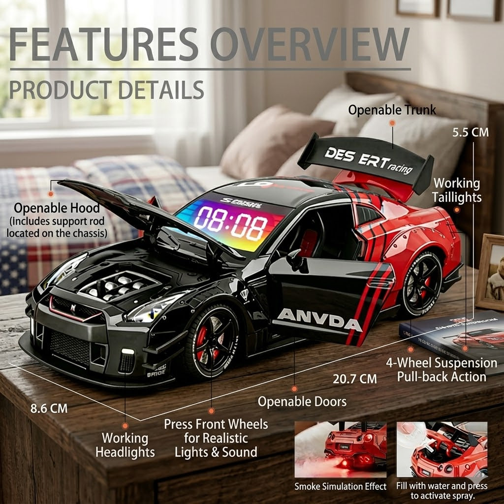 2026 Upgrade Hypercar Alarm Clock - Realistic Engine Revving & Motion Light Effects