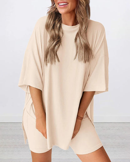 Casual Oversized 2-Piece Lounge Set with Biker Shorts