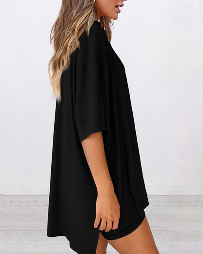 Casual Oversized 2-Piece Lounge Set with Biker Shorts